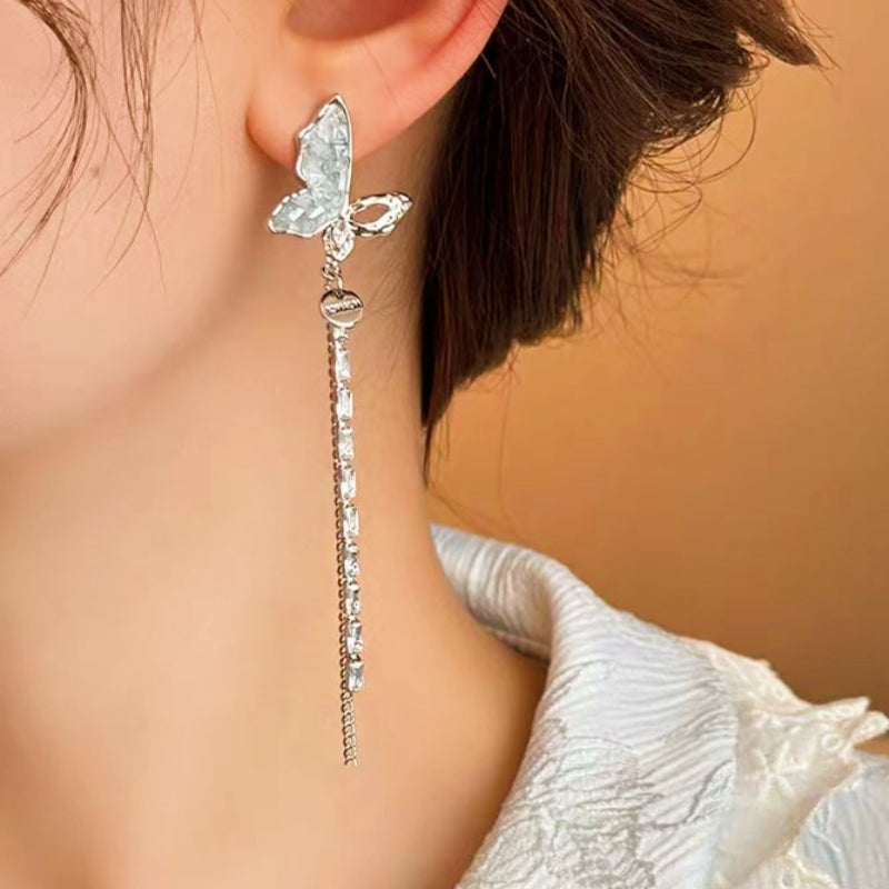 14k Gold-Plated Crystal Pearl Tassel Butterfly Earrings