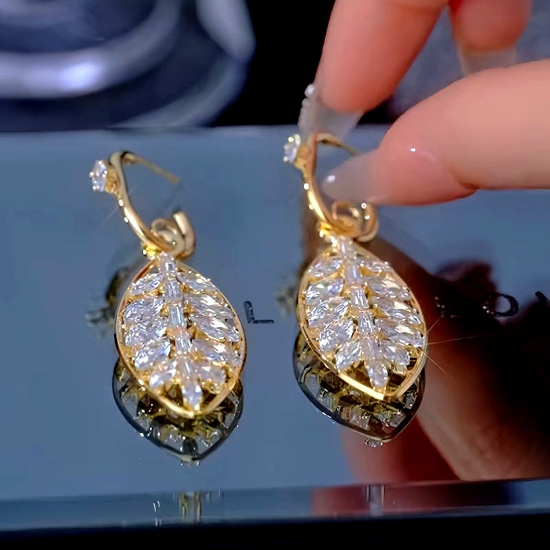 14k Gold-Plated Elegant Diamond Leaf Earrings