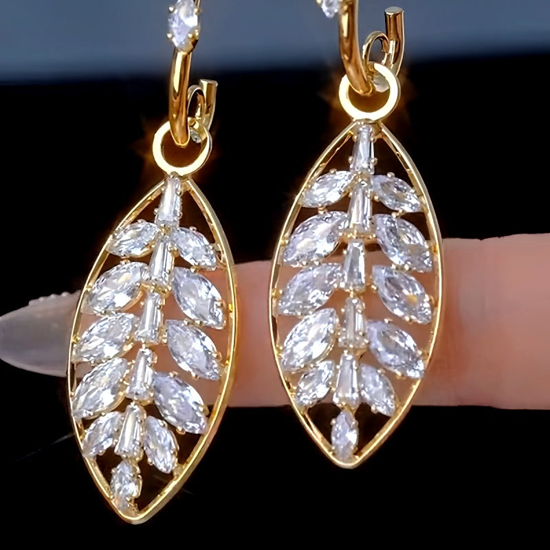14k Gold-Plated Elegant Diamond Leaf Earrings