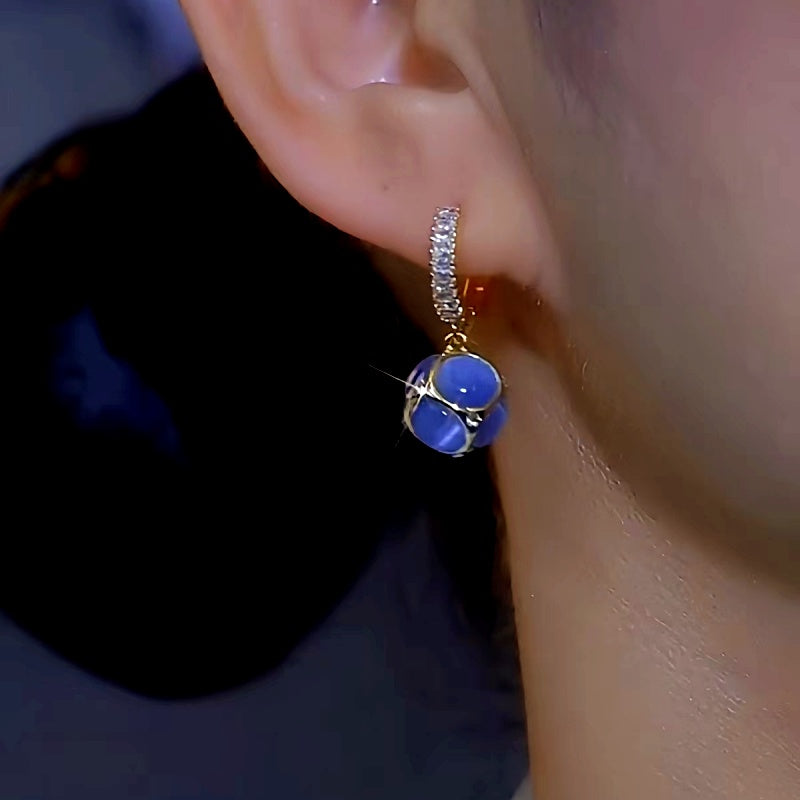 14k Gold-Plated Luxury Blue Zircon Cat's Eye Diamond Ball Earrings