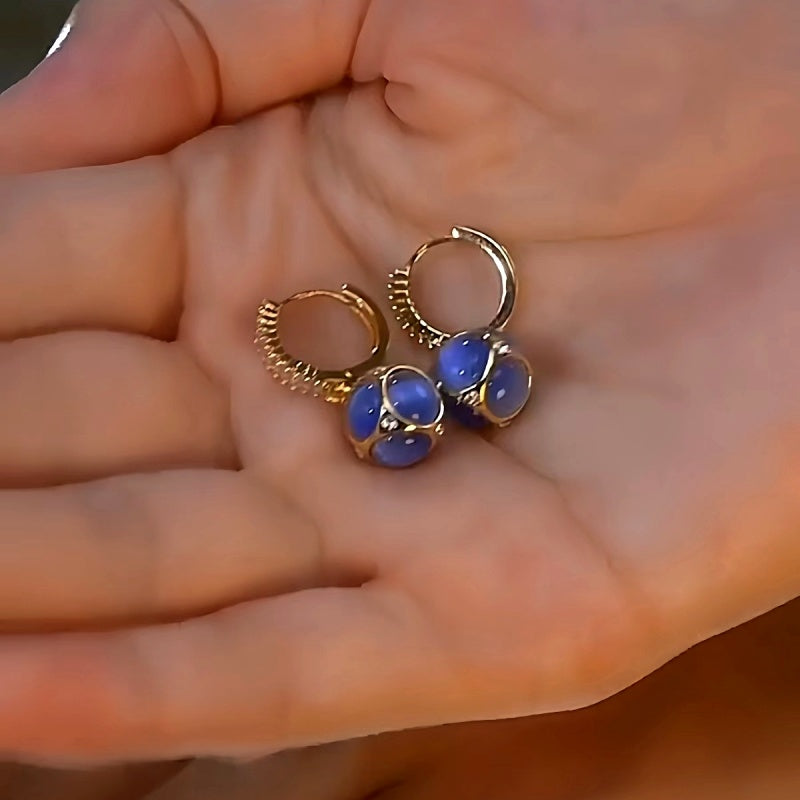 14k Gold-Plated Luxury Blue Zircon Cat's Eye Diamond Ball Earrings