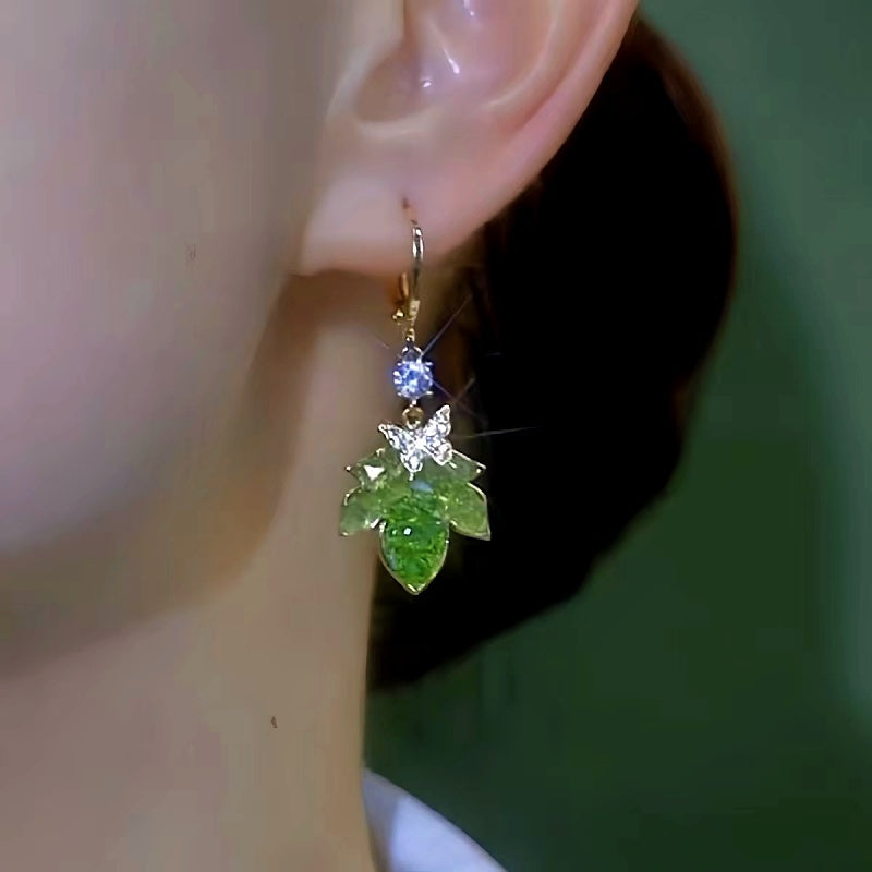 14k Gold-Plated Luxury Green Crystal Leaf Earrings