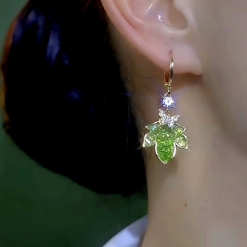 14k Gold-Plated Luxury Green Crystal Leaf Earrings