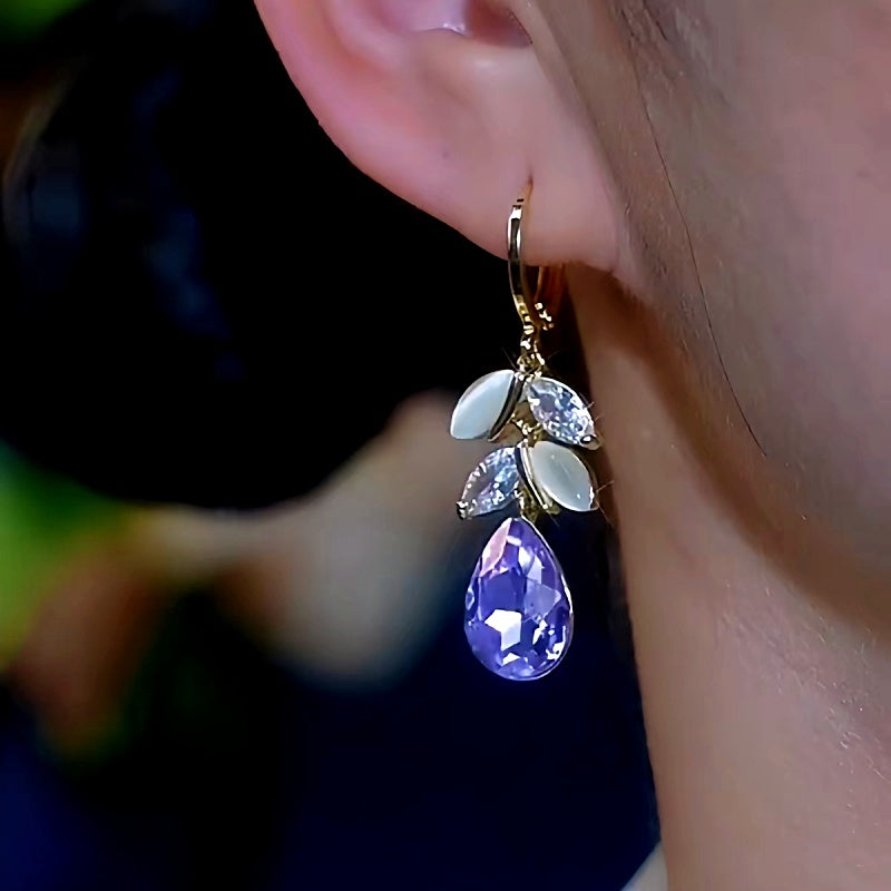 14k Gold-Plated Luxury Purple Diamond Leaf Tassel Earrings