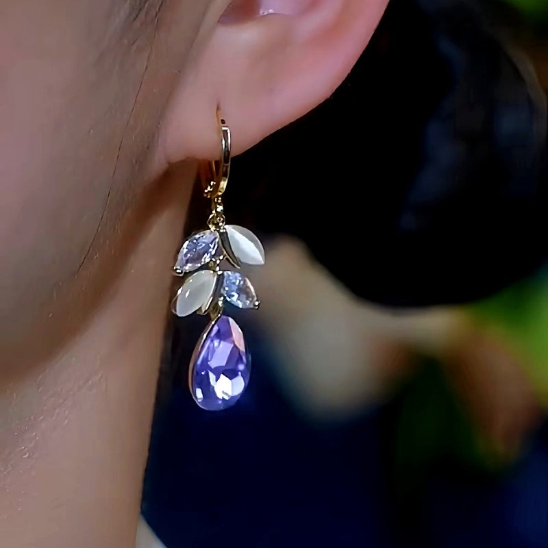 14k Gold-Plated Luxury Purple Diamond Leaf Tassel Earrings