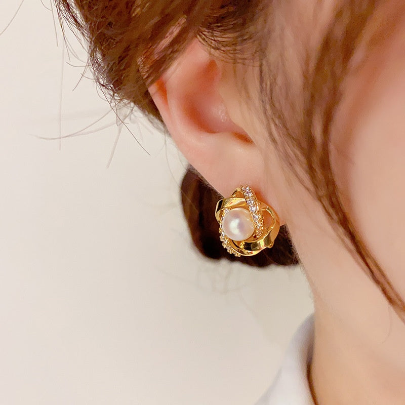 14k Gold-Plated Luxury Wrapped Pearl Stud Earrings