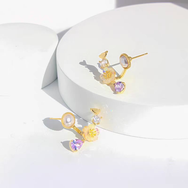 14k Gold-Plated Zircon Flower Earrings