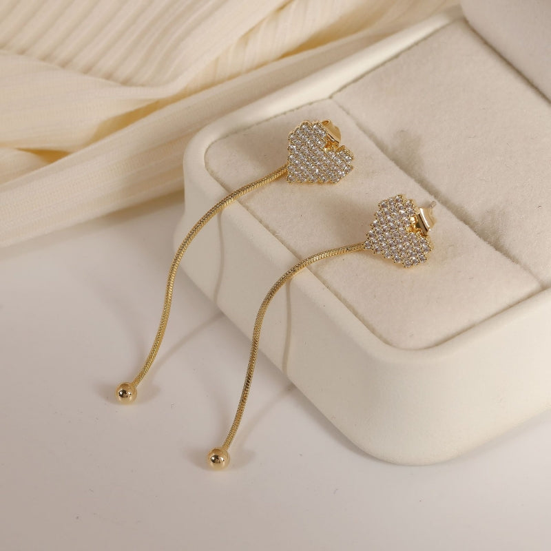 14k Gold-Plated Zircon Heart Long Tassel Earrings