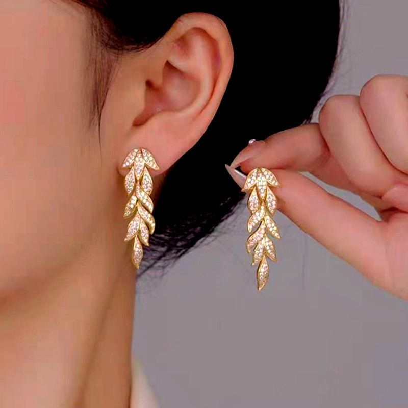 14k Gold-Plated Zircon Leaf Geometric Tassel Earrings
