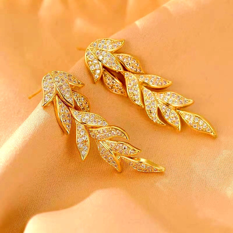14k Gold-Plated Zircon Leaf Geometric Tassel Earrings