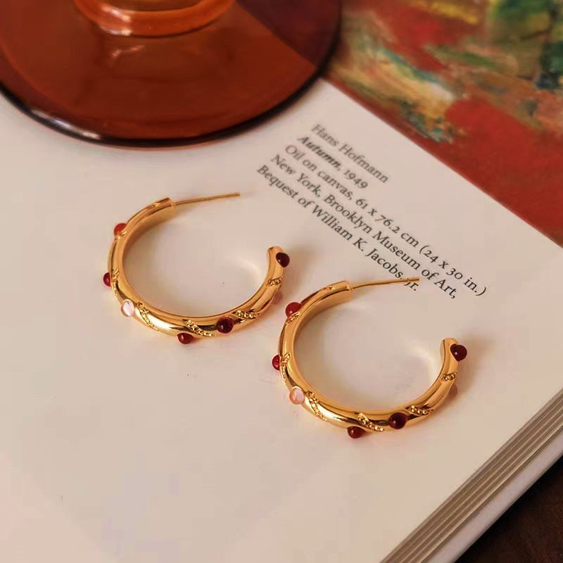 18K Gold-Plated Agate C-Shaped Earrings