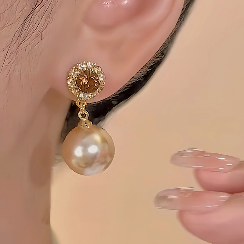 18K Gold-Plated Brown Diamond Pearl Earrings