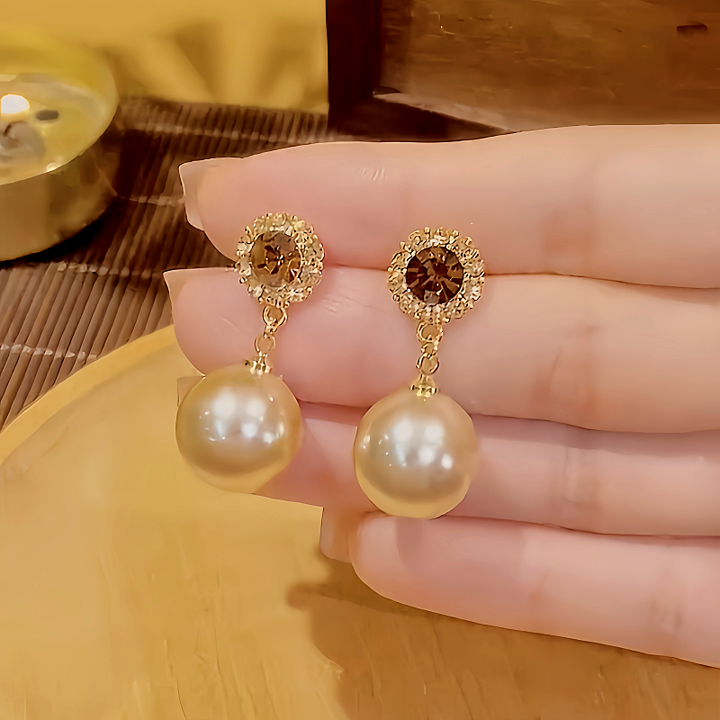 18K Gold-Plated Brown Diamond Pearl Earrings