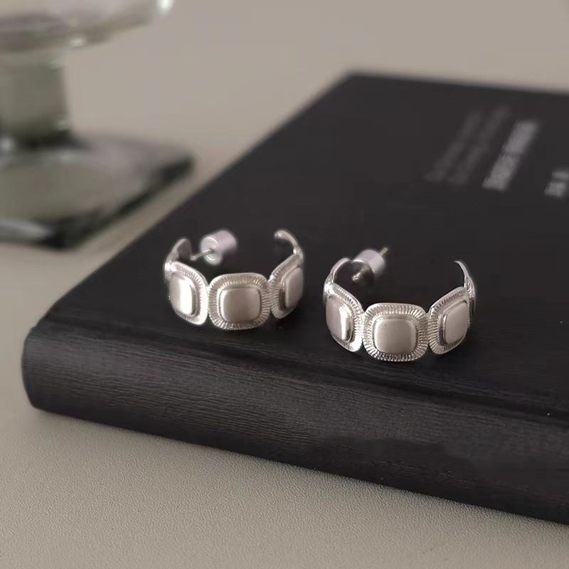 18K Gold-Plated Brushed Silver C-Shaped Earrings