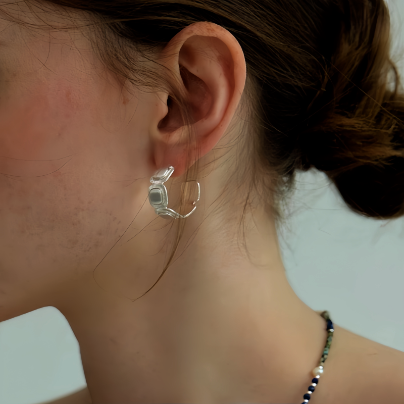 18K Gold-Plated Brushed Silver C-Shaped Earrings
