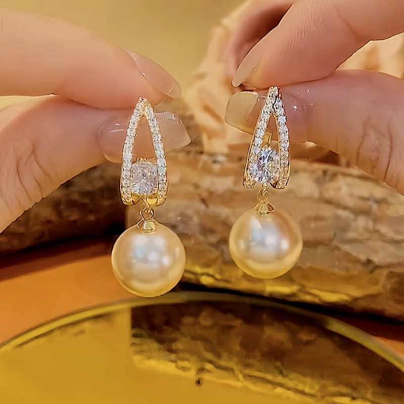 18K Gold-Plated Diamond Pearl Drop Earrings