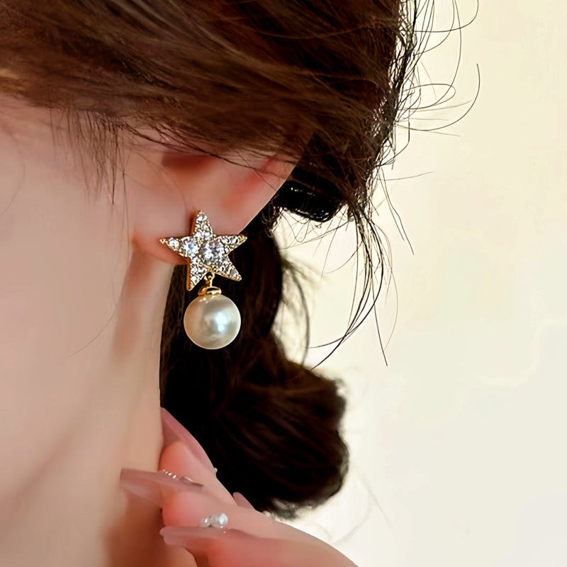18K Gold-Plated Diamond Star Pearl Earrings