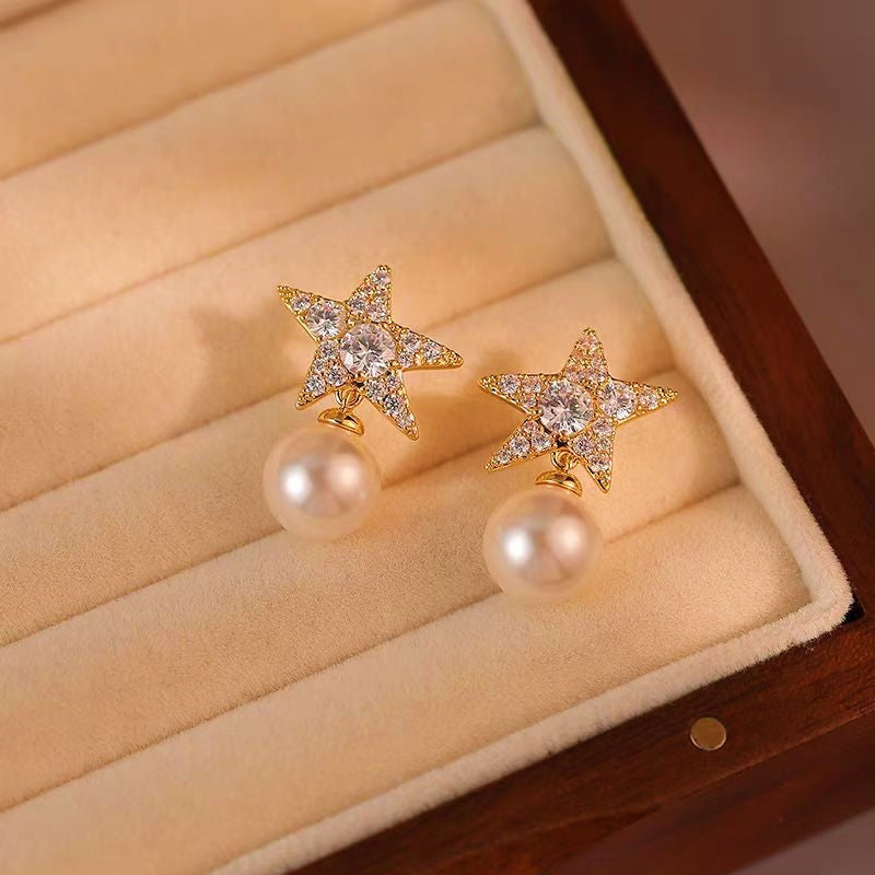 18K Gold-Plated Diamond Star Pearl Earrings
