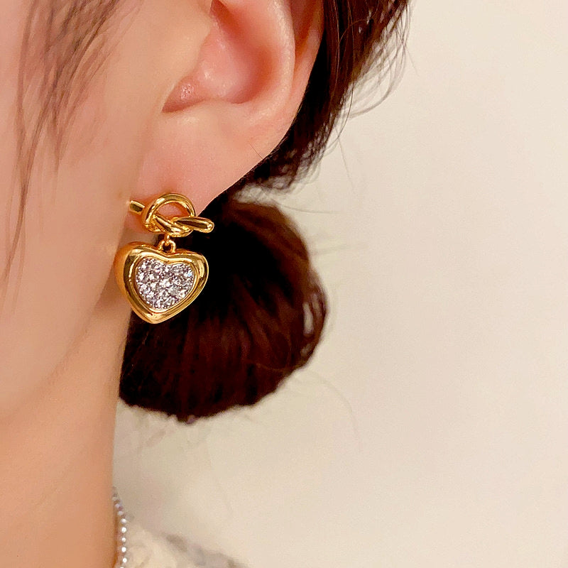 18K Gold-Plated Elegant Knotted Diamond Heart Earrings