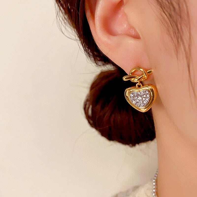 18K Gold-Plated Elegant Knotted Diamond Heart Earrings