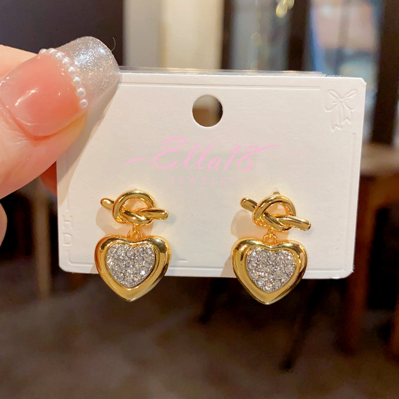 18K Gold-Plated Elegant Knotted Diamond Heart Earrings