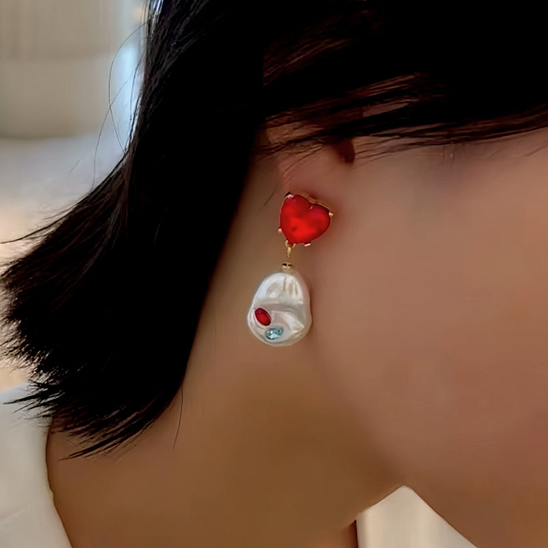 18K Gold-Plated Elegant Red Heart Crystal Pearl Earrings