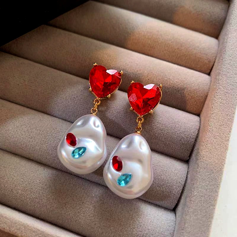 18K Gold-Plated Elegant Red Heart Crystal Pearl Earrings