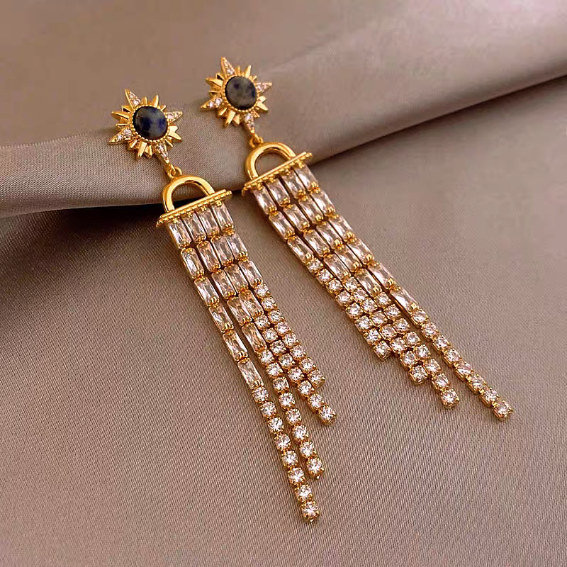 18K Gold-Plated Elegant Sunflower Zircon Tassel Earrings