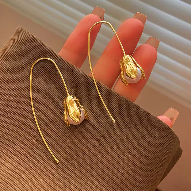 18K Gold-Plated Flower Artificial Pearl Threader Earrings