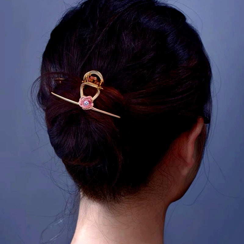 18K Gold-Plated Pink Hand-Painted Camellia With Diamond Small Size Clips