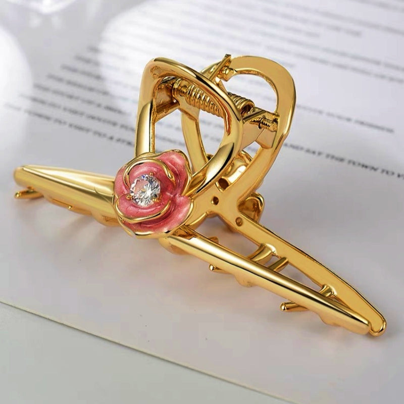 18K Gold-Plated Pink Hand-Painted Camellia With Diamond Small Size Clips