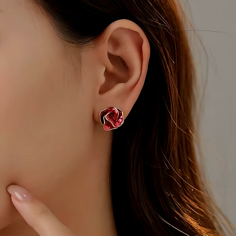 18K Gold-Plated Red Rose Camellia Stud Earrings