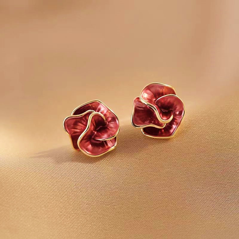 18K Gold-Plated Red Rose Camellia Stud Earrings