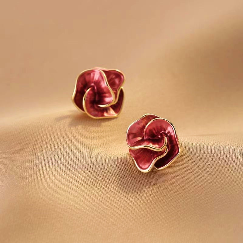 18K Gold-Plated Red Rose Camellia Stud Earrings