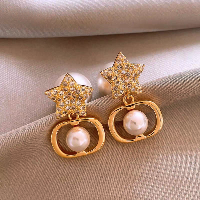 18K Gold-Plated Zircon Diamond Star Pearl Earrings