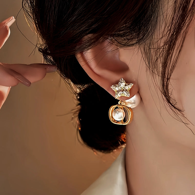 18K Gold-Plated Zircon Diamond Star Pearl Earrings