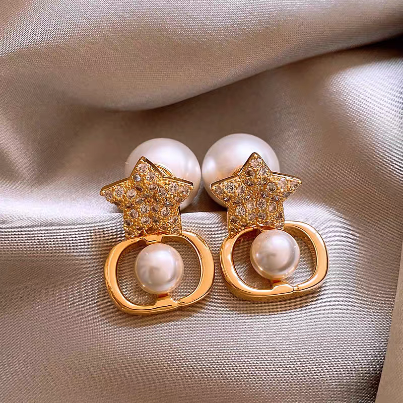 18K Gold-Plated Zircon Diamond Star Pearl Earrings