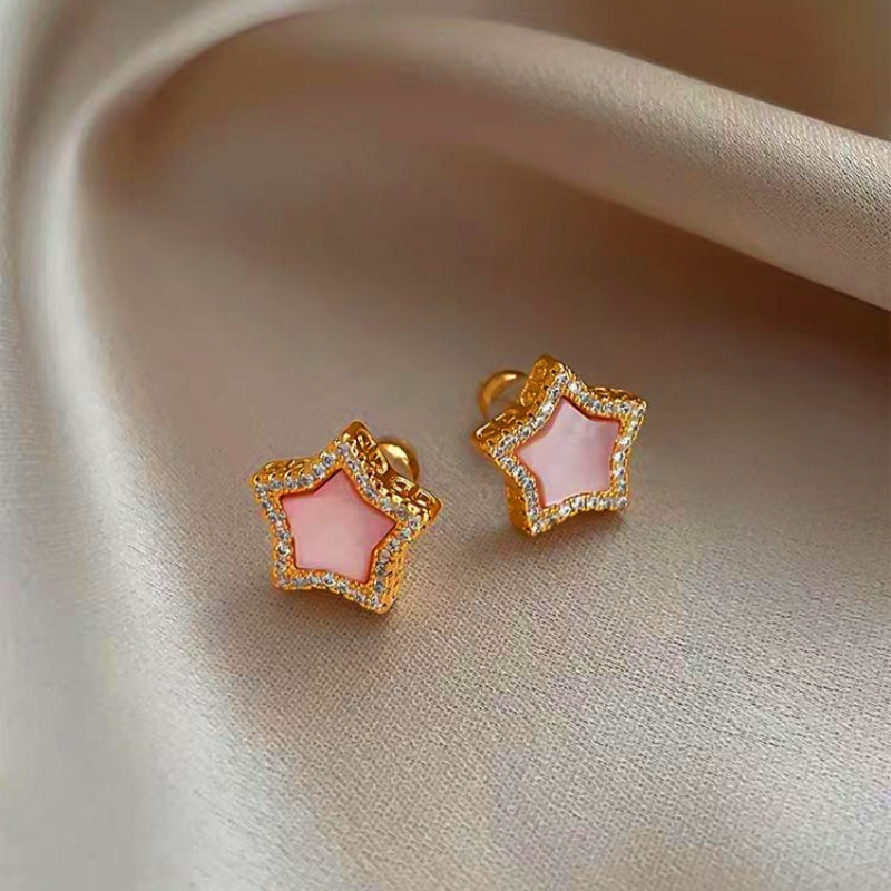 18K Gold-Plated Zircon Pink Diamond Star Stud Earrings