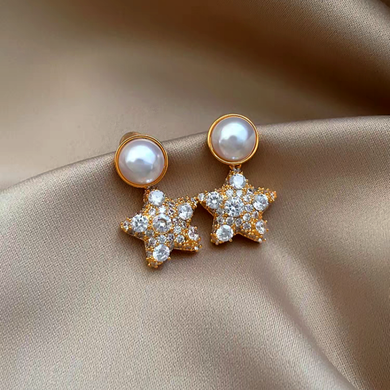 18K Gold-Plated Zircon Star Pearl Earrings