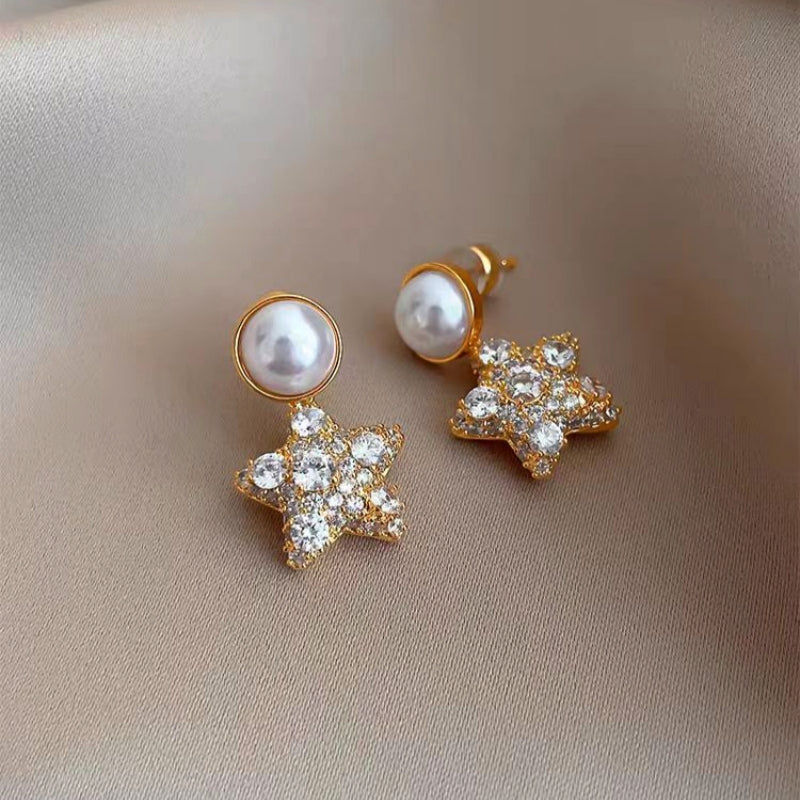 18K Gold-Plated Zircon Star Pearl Earrings