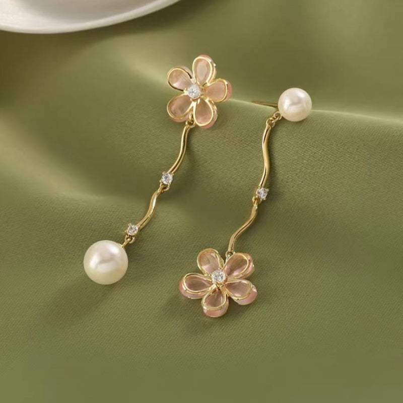 18K Gold-plated Elegant Super Fairy Sweet Flower Pearl Earrings