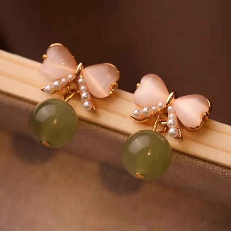 18K Gold-plated Natural Hetian Jade Jasper Pearl Bow Earrings