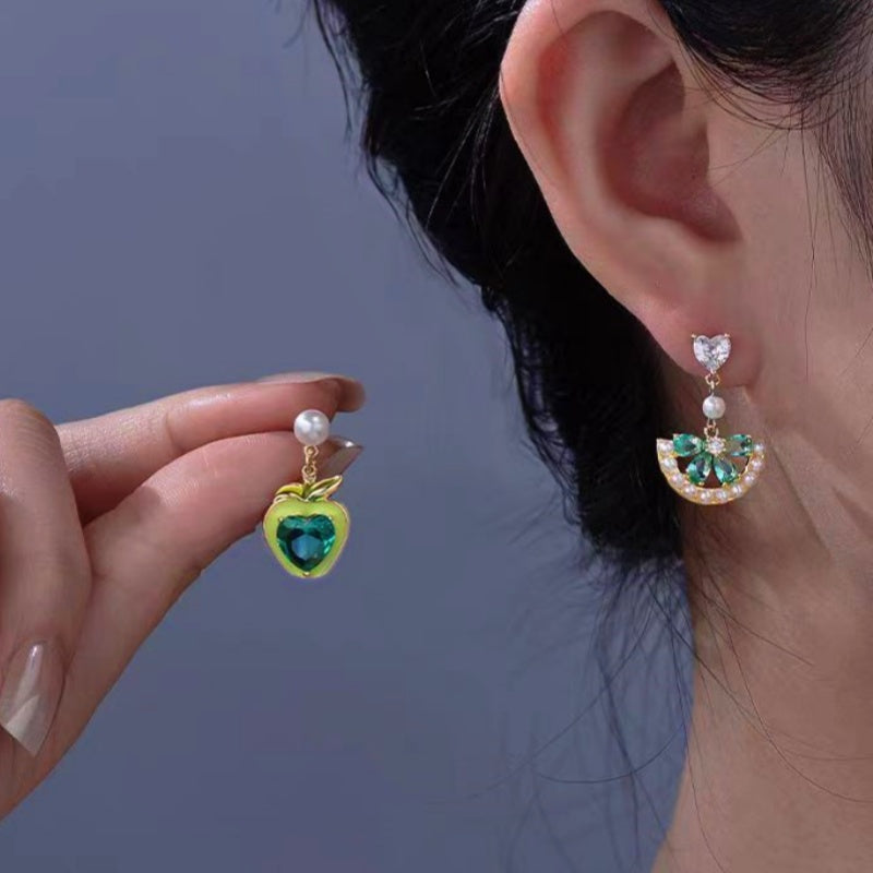 18K Gold-plated Zircon Green Apple Heart Pearl Earrings