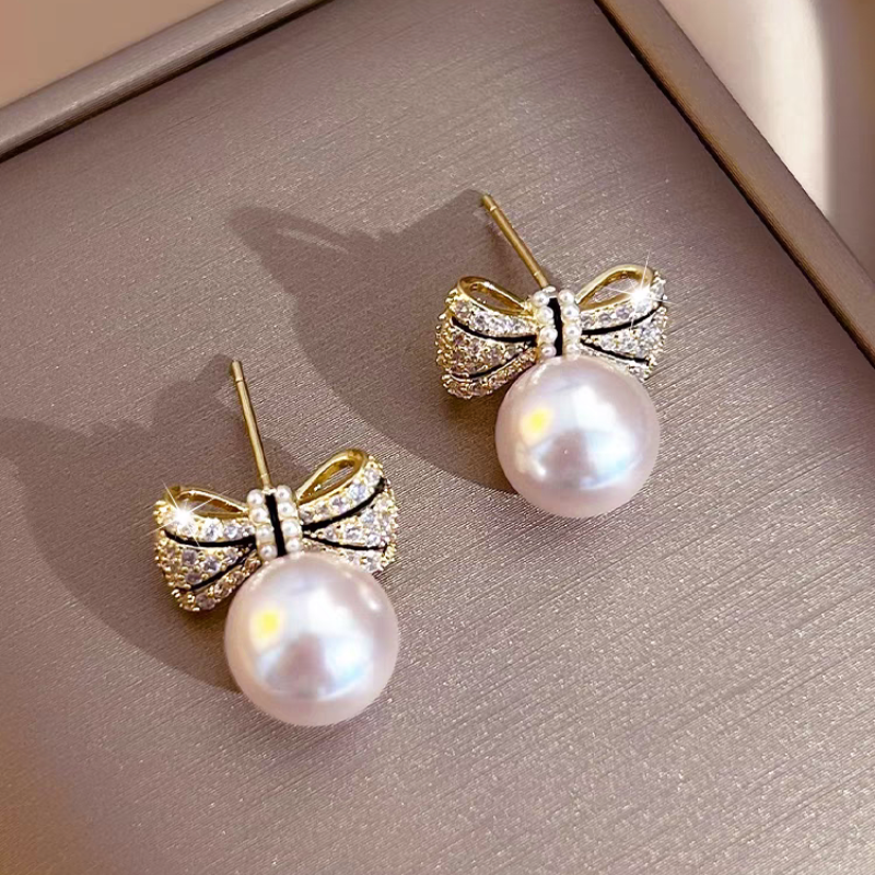 18K Gold Plated Zircon Bow Pearl Earrings