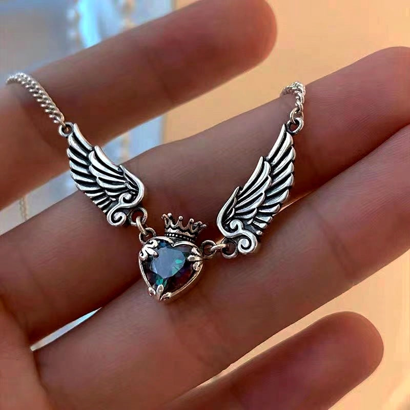 Diamond Heart Crown Angel Wing Necklace