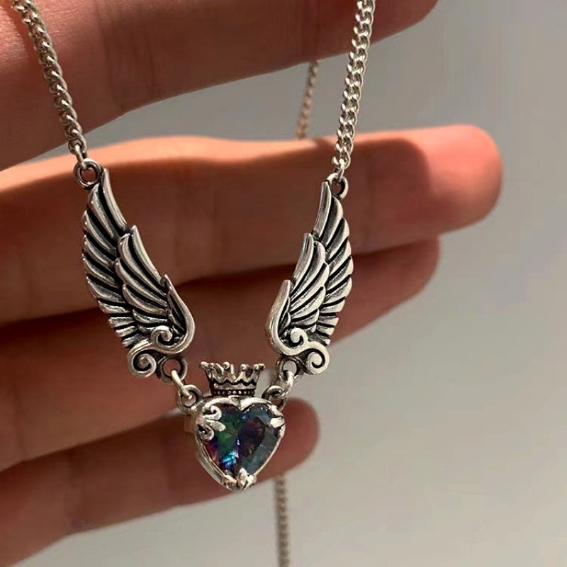 Diamond Heart Crown Angel Wing Necklace