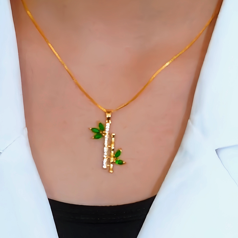 Sterling Silver Zircon Green Peace Bamboo Necklace