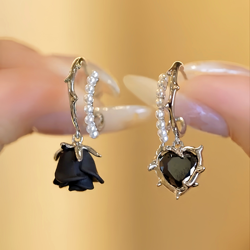 Halloween 14K Gold-Plated Black Flower And Heart Earrings