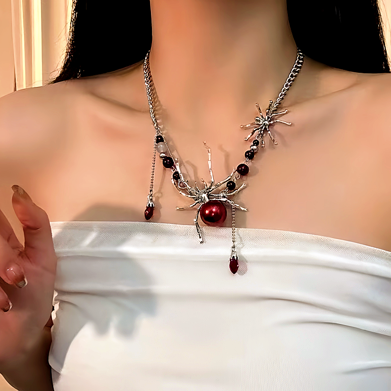 Halloween 14K Gold-Plated Blood-Red Spider Necklaces