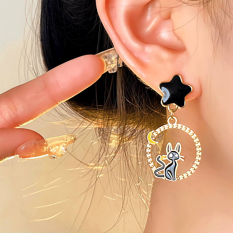 Halloween 14K Gold-Plated Star Bow Cat Earrings